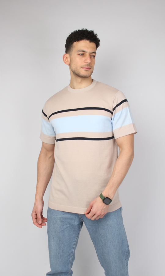 Men Knitted Striped T-Shirt (Beige)
