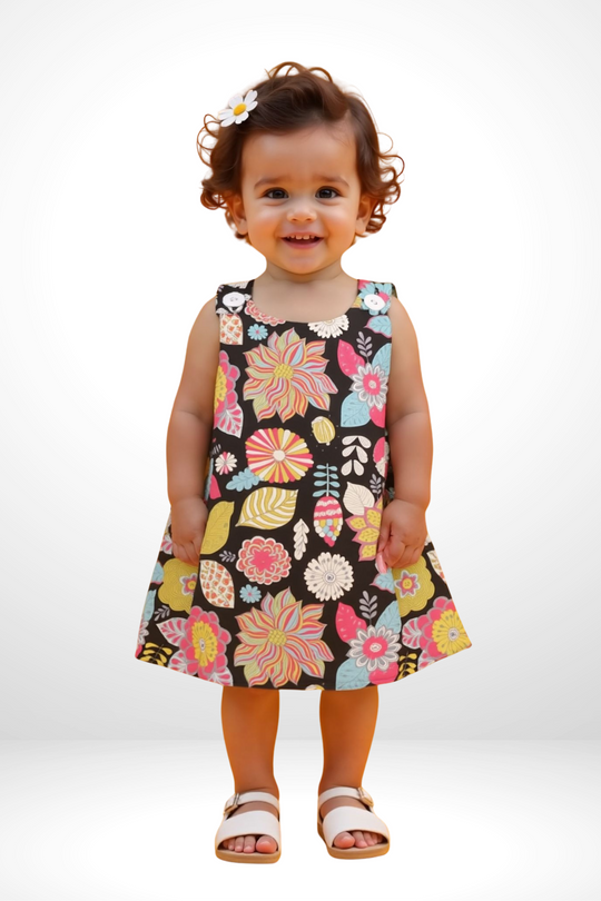 Girls Satin Print Dress (Black)