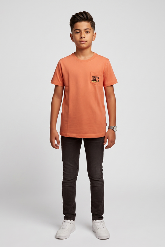 Kids Crew Neck T-Shirt - Chest pocket (Orange)