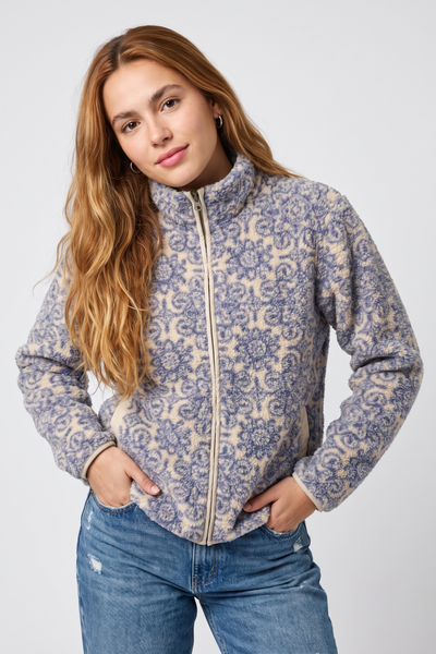 Printed Sherpa Zip Jacket – Blue & Cream