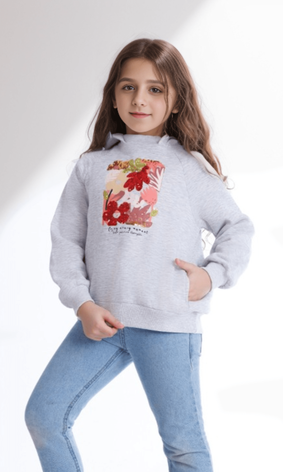 Kids Winter 24 Kids Pajama Girls Melton Padded Sweatshirt Flowers - Grey