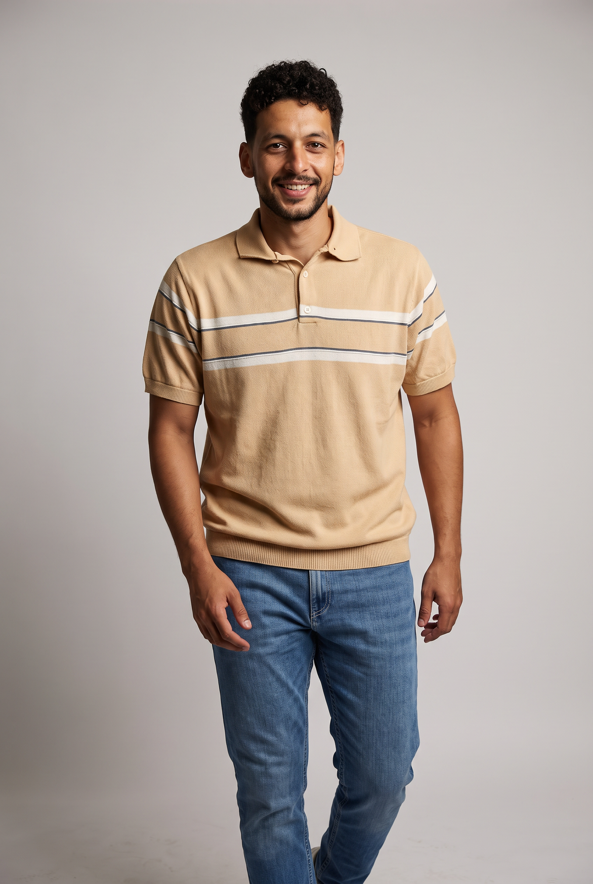 Men Knitted Striped T-Shirt (Beige)