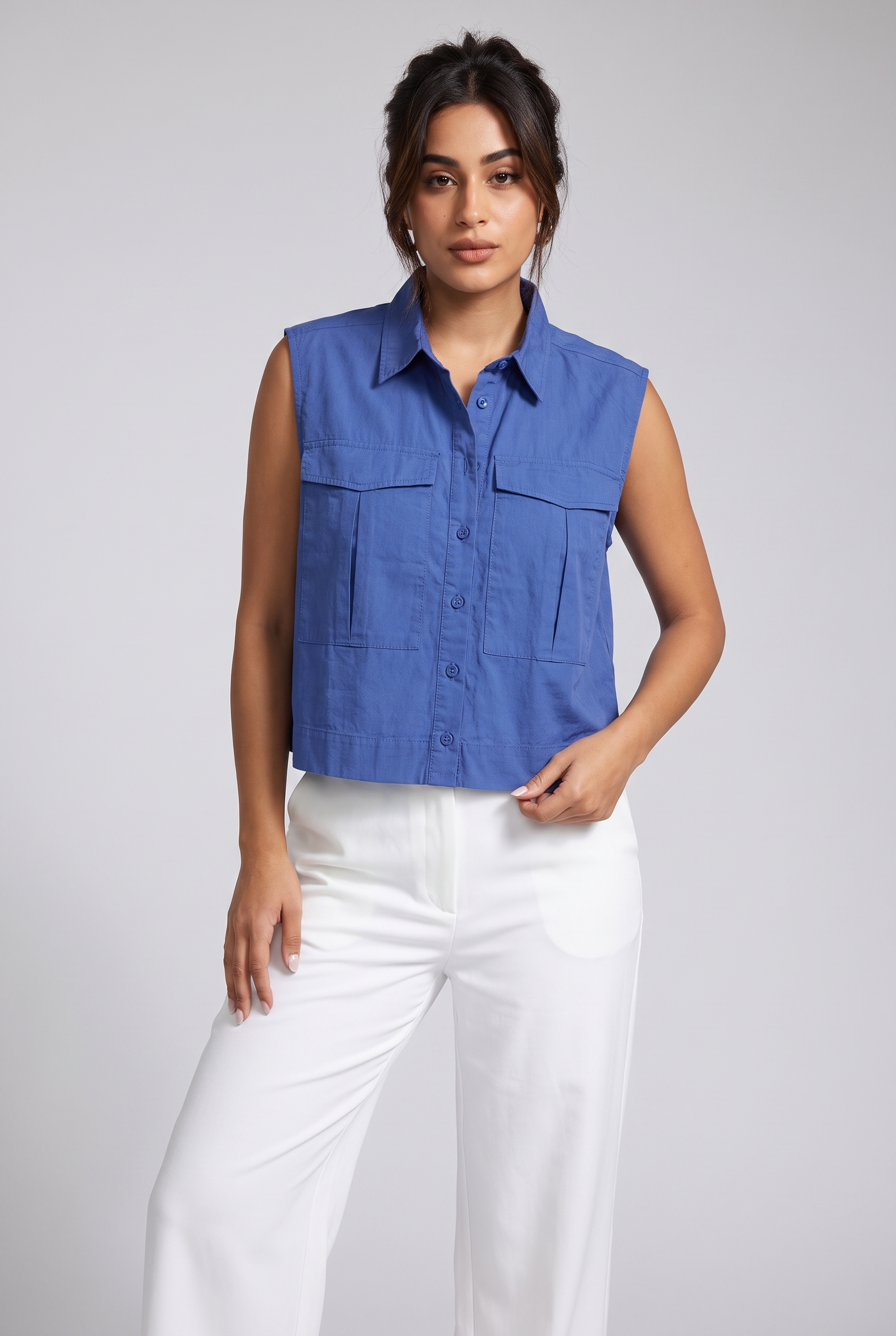Women Sleeveless Crop Shirt Oversized