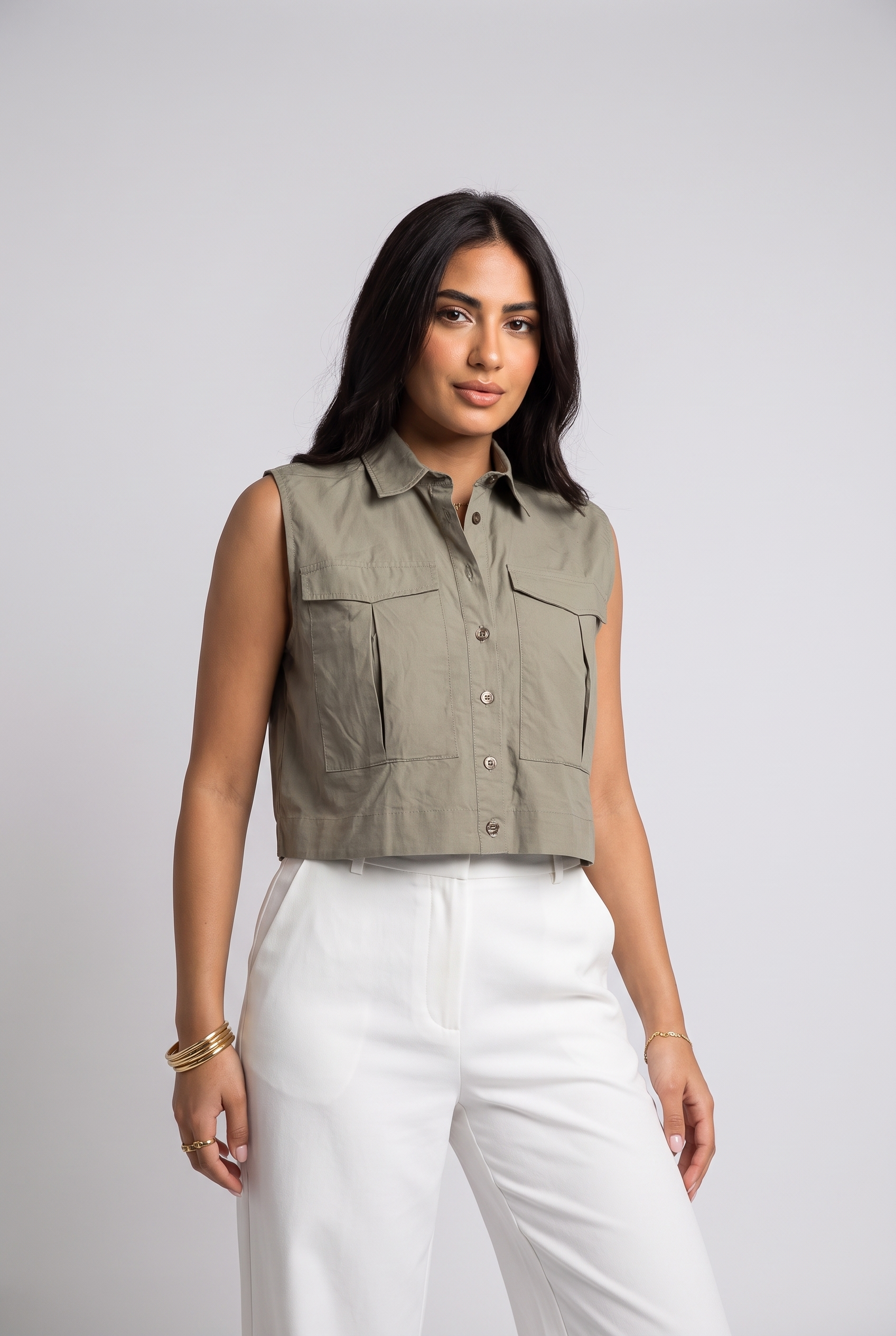 Women Sleeveless Crop Shirt Oversized