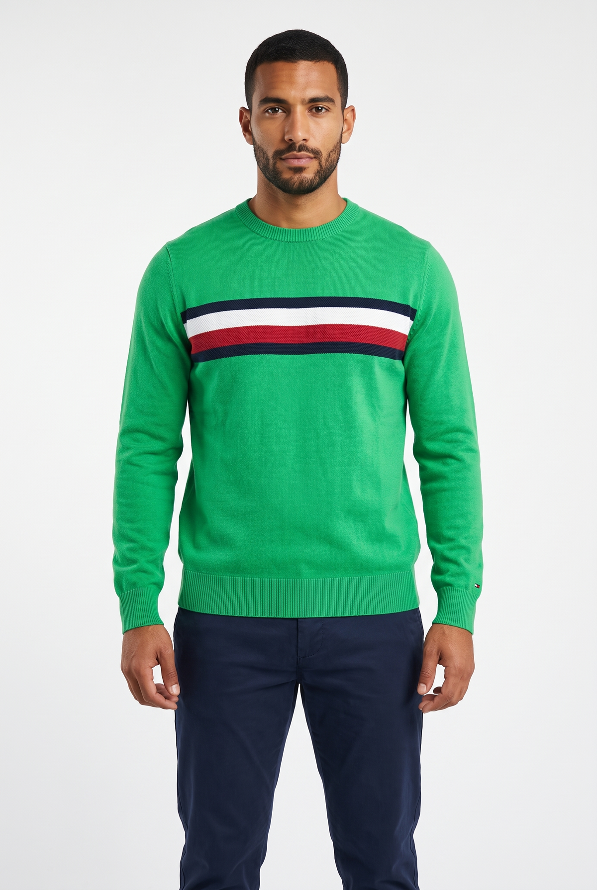 Men Sweater Stripe Crew Neck (Green)