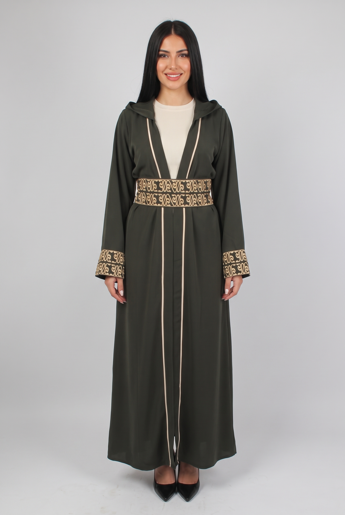 Women Dress Kaftan With Belt & Capuchon  (Oil Green)
