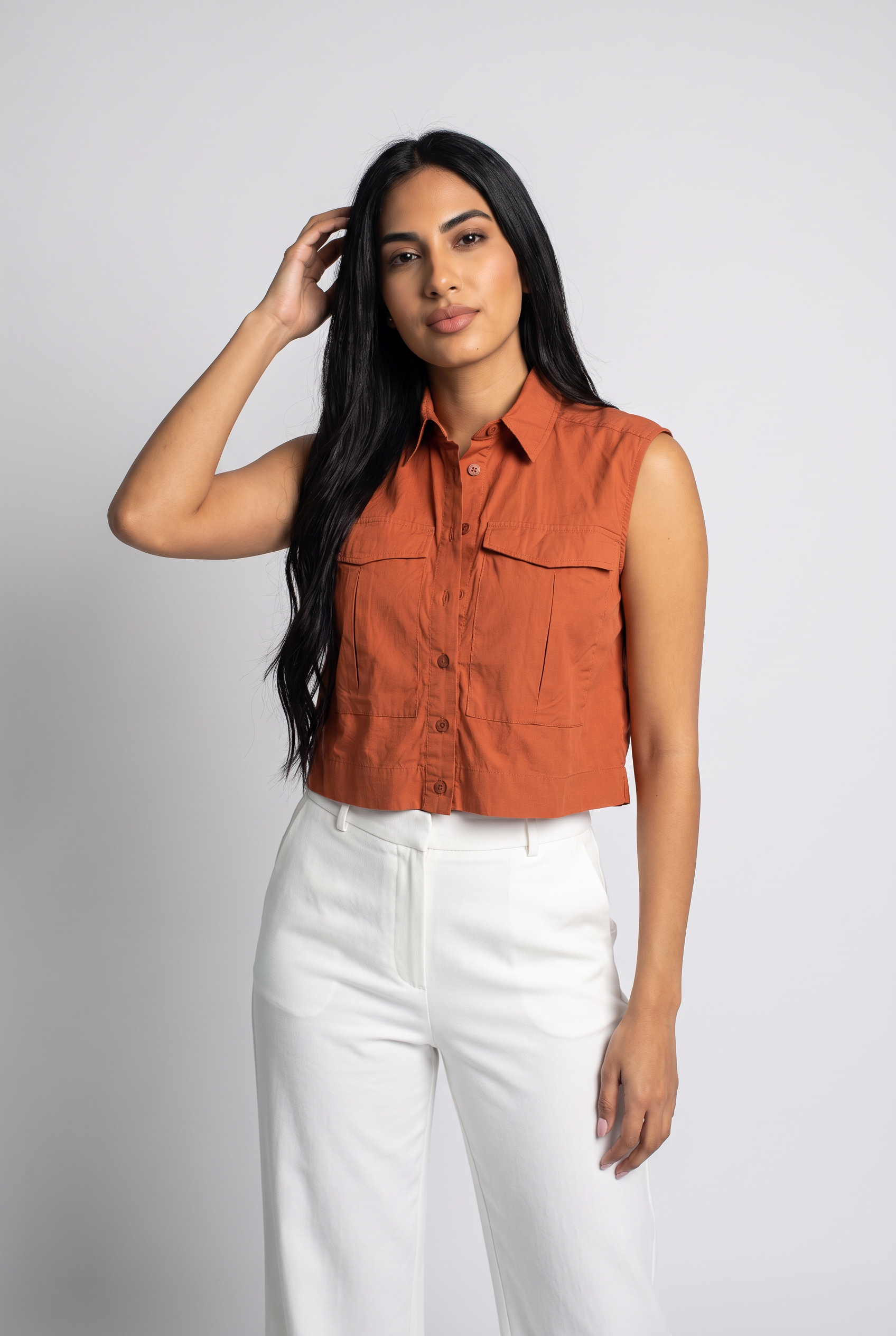 Women Sleeveless Crop Shirt Oversized