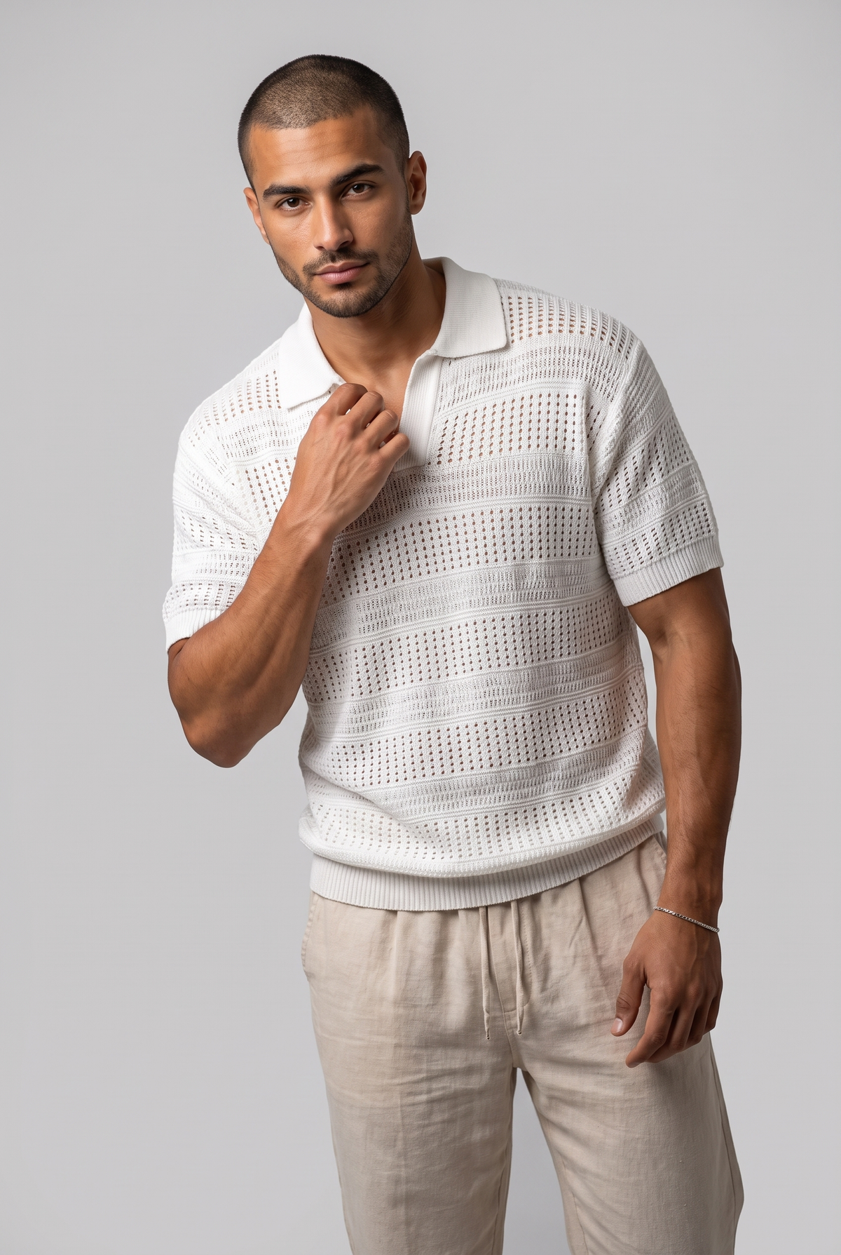 Men knitted Polo Shirt With A Textured Striped Pattern