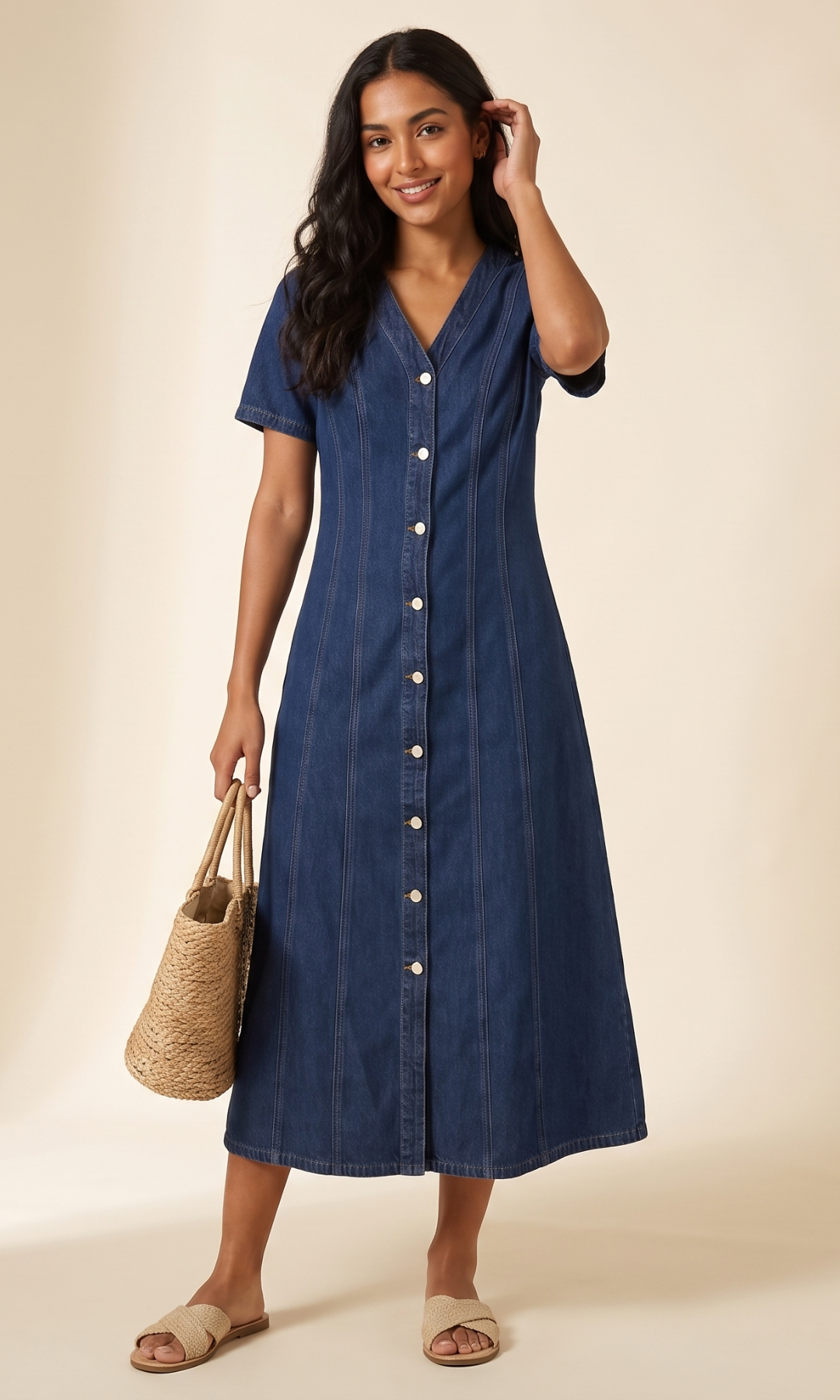 Women Front Button Denim Maxi Dress