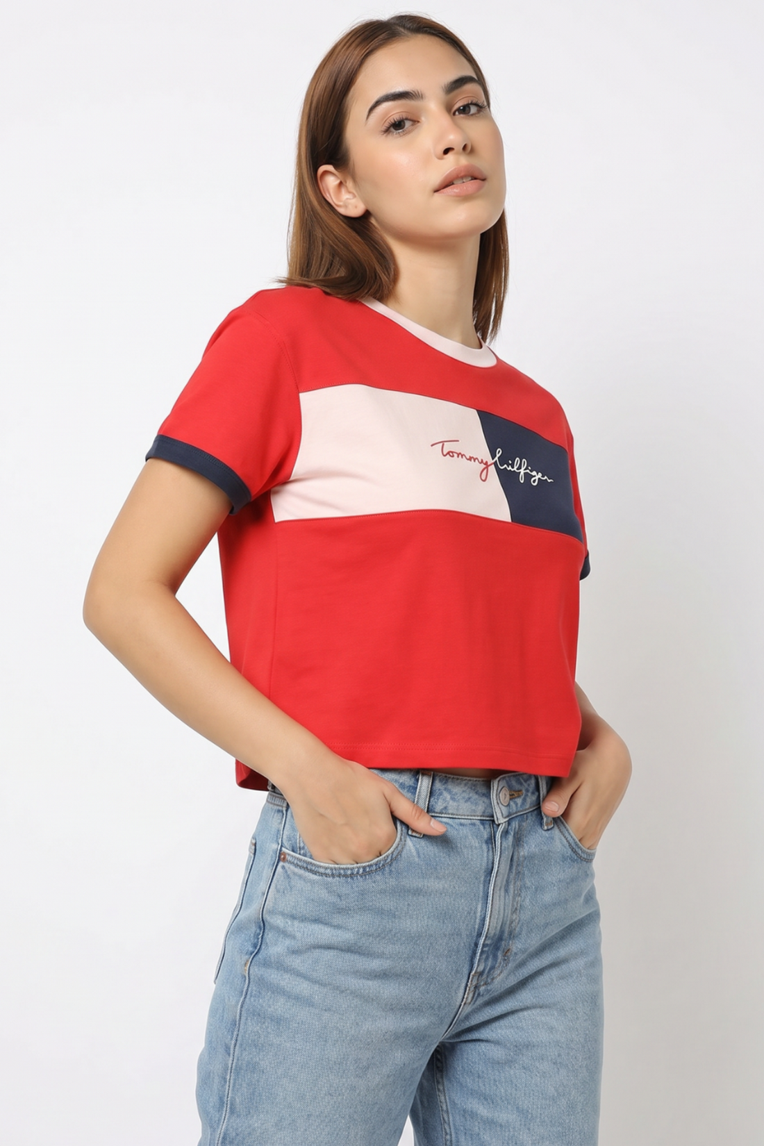 Women's crew neck logo printed t-shirt, product photo