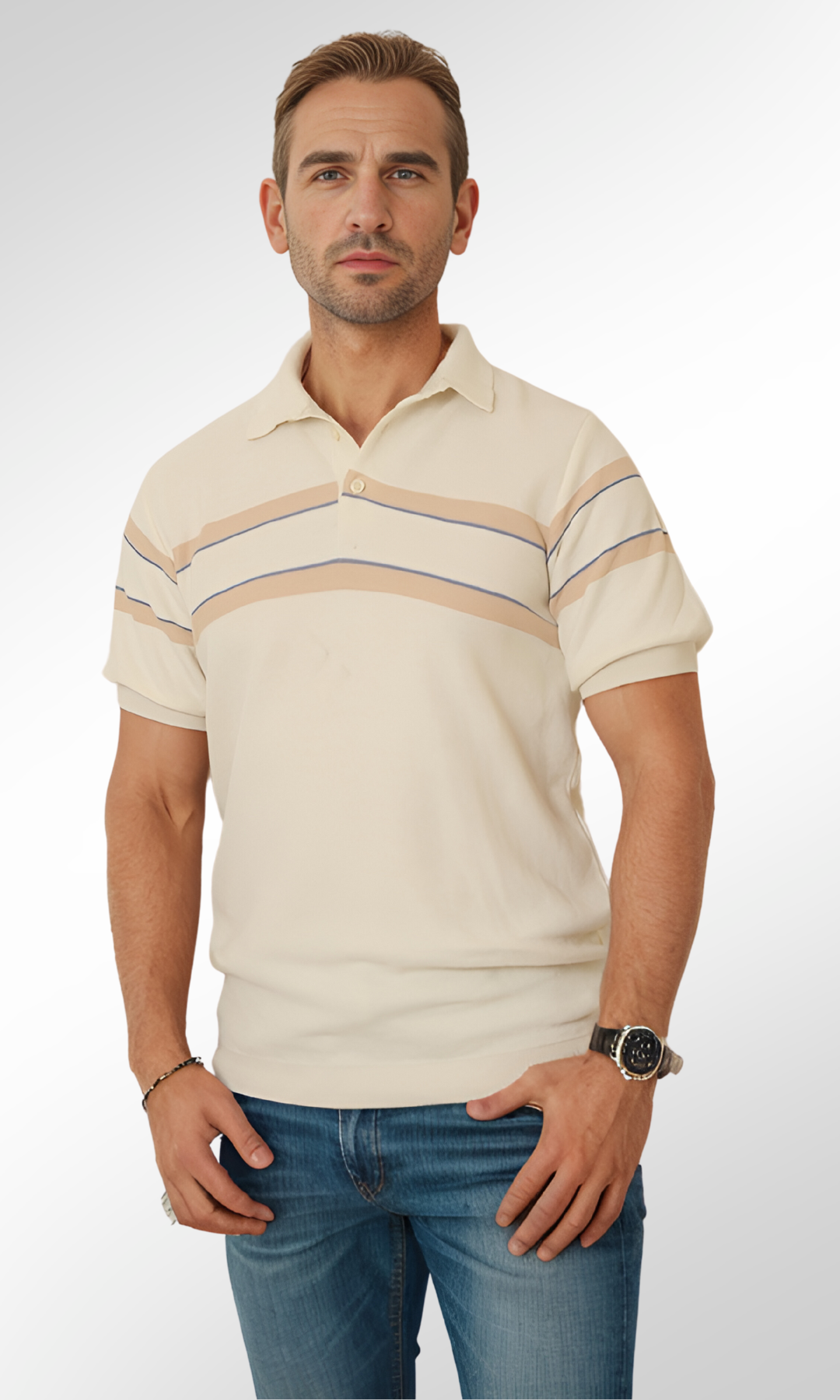 Men Knitted Striped T-Shirt (Off White)