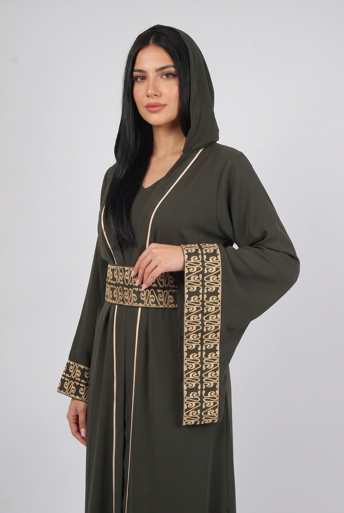Women Dress Kaftan With Belt & Capuchon  (Oil Green)