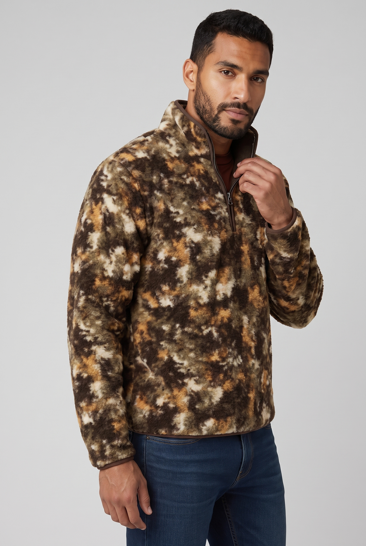ORIGINAL OLD NAVY Men Sherpa Fur Half Zip ( Brown Camouflage)