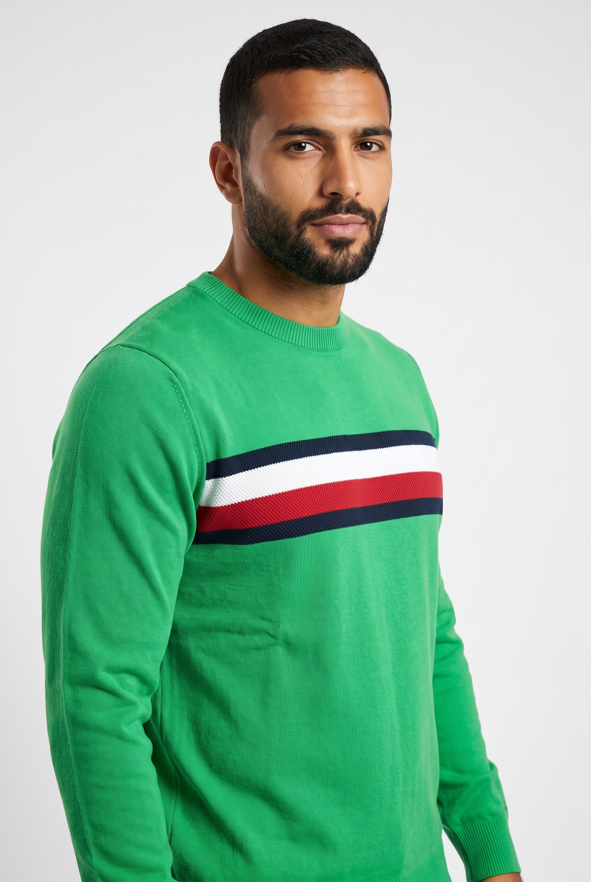 Men Sweater Stripe Crew Neck (Green)