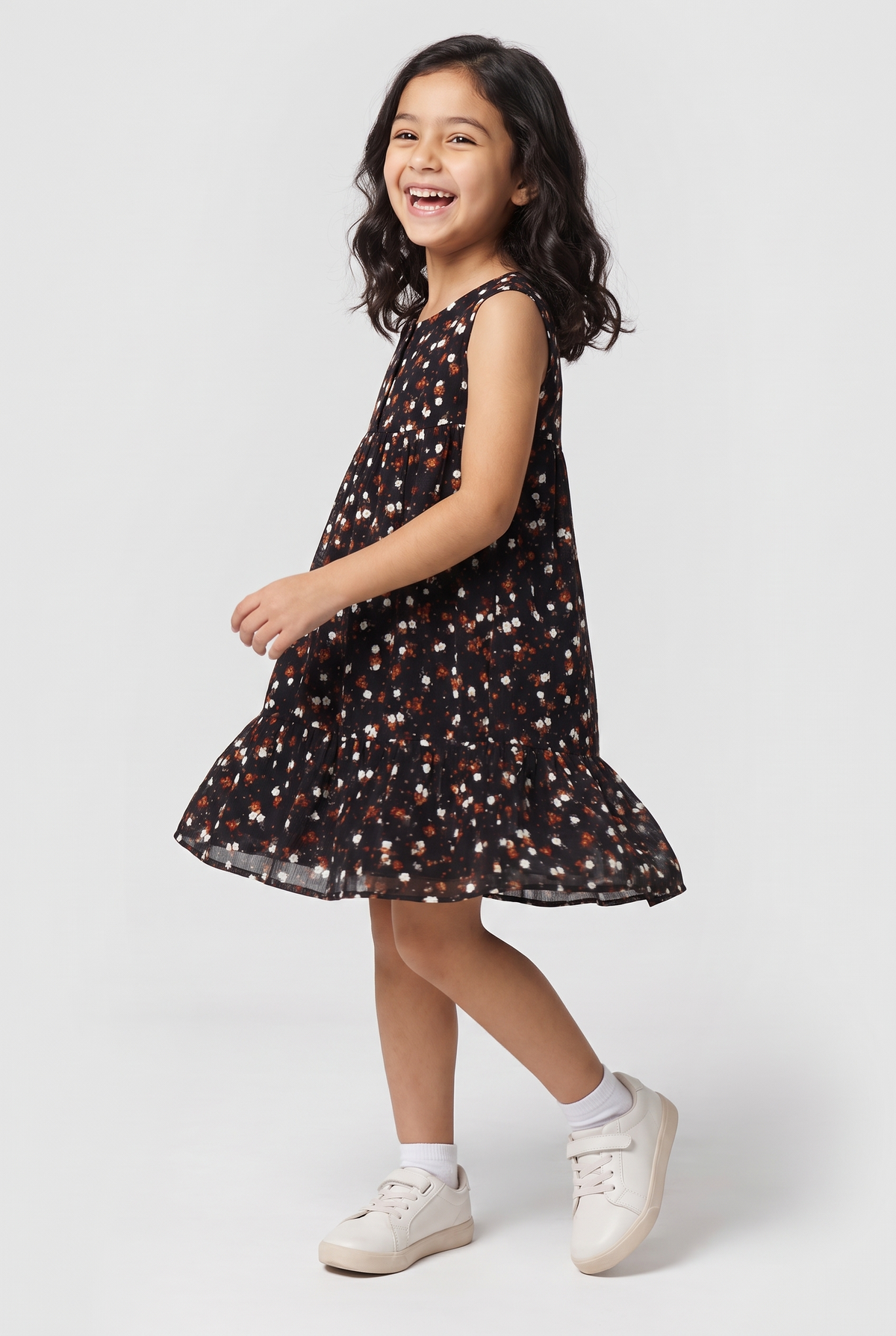 Girls Floral Print Dress (Black)