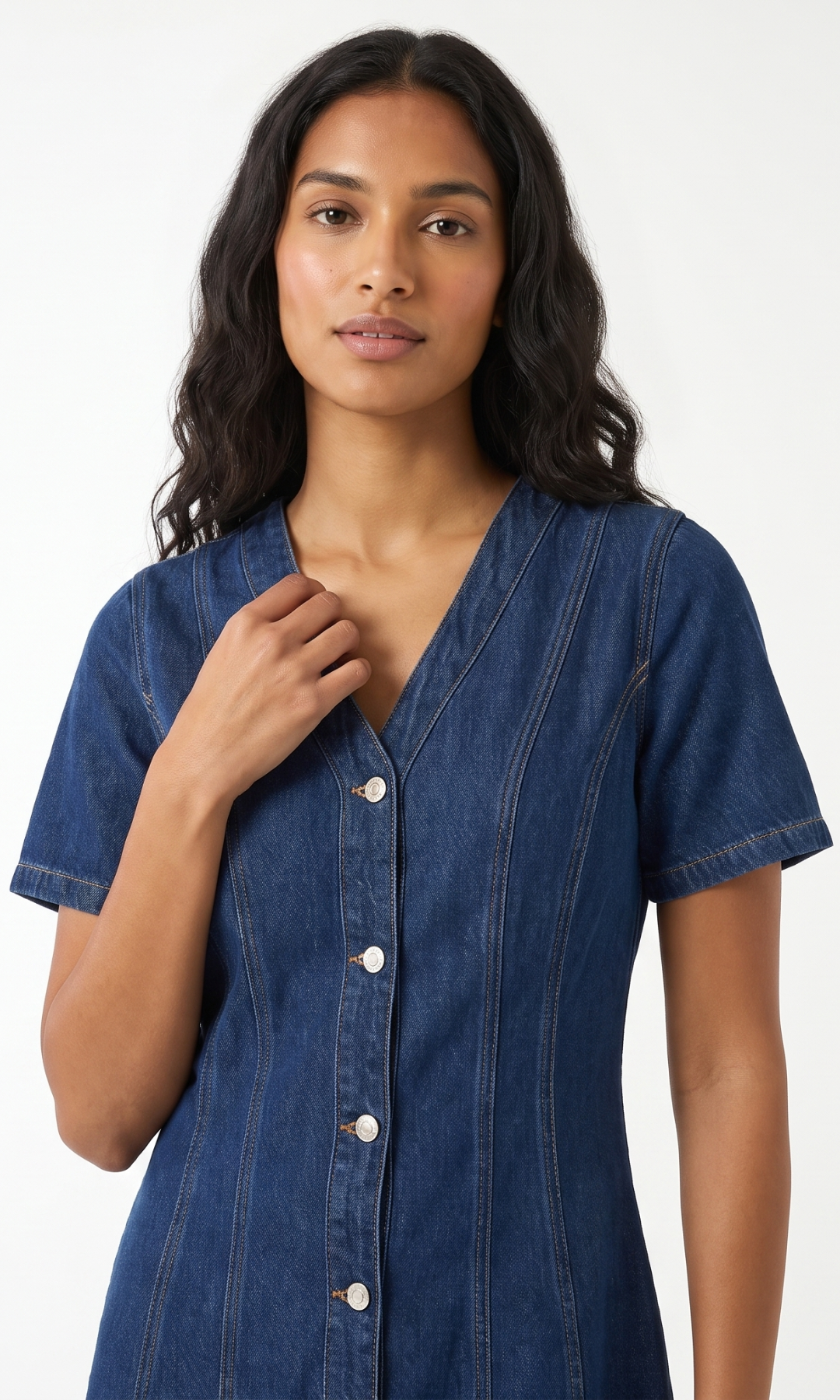 Women Front Button Denim Maxi Dress