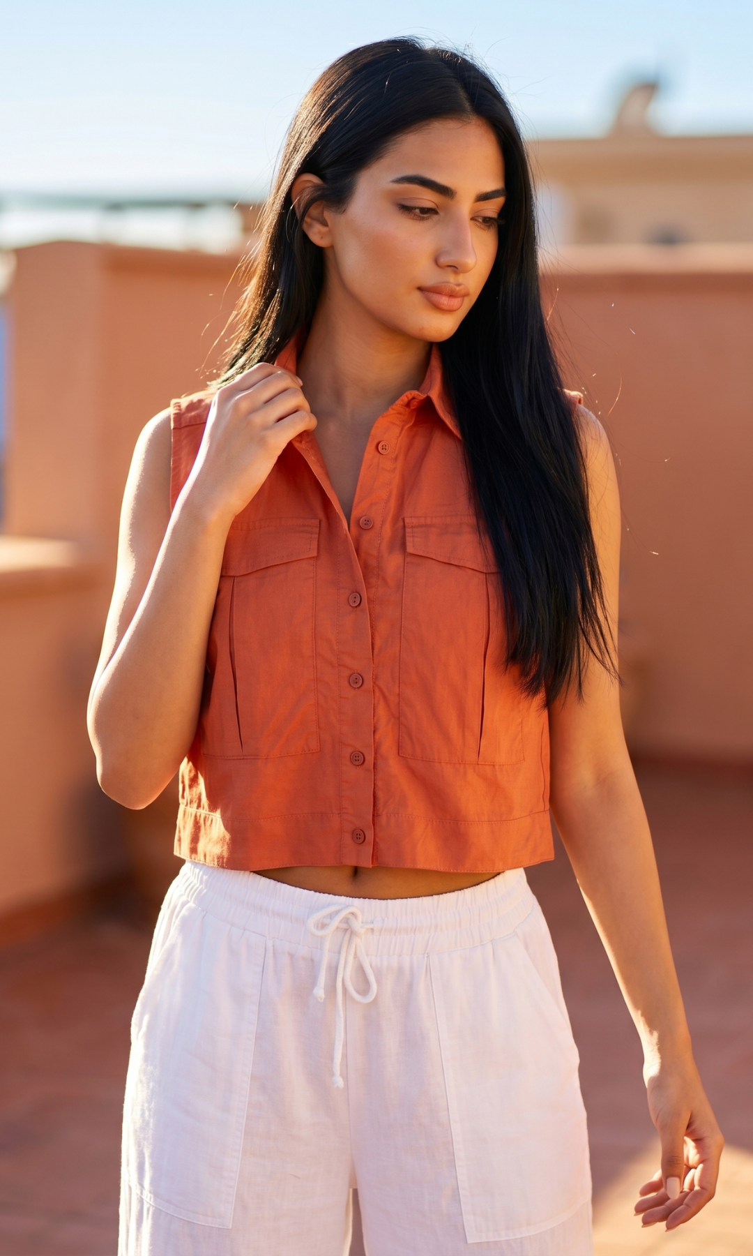 Women Sleeveless Crop Shirt Oversized