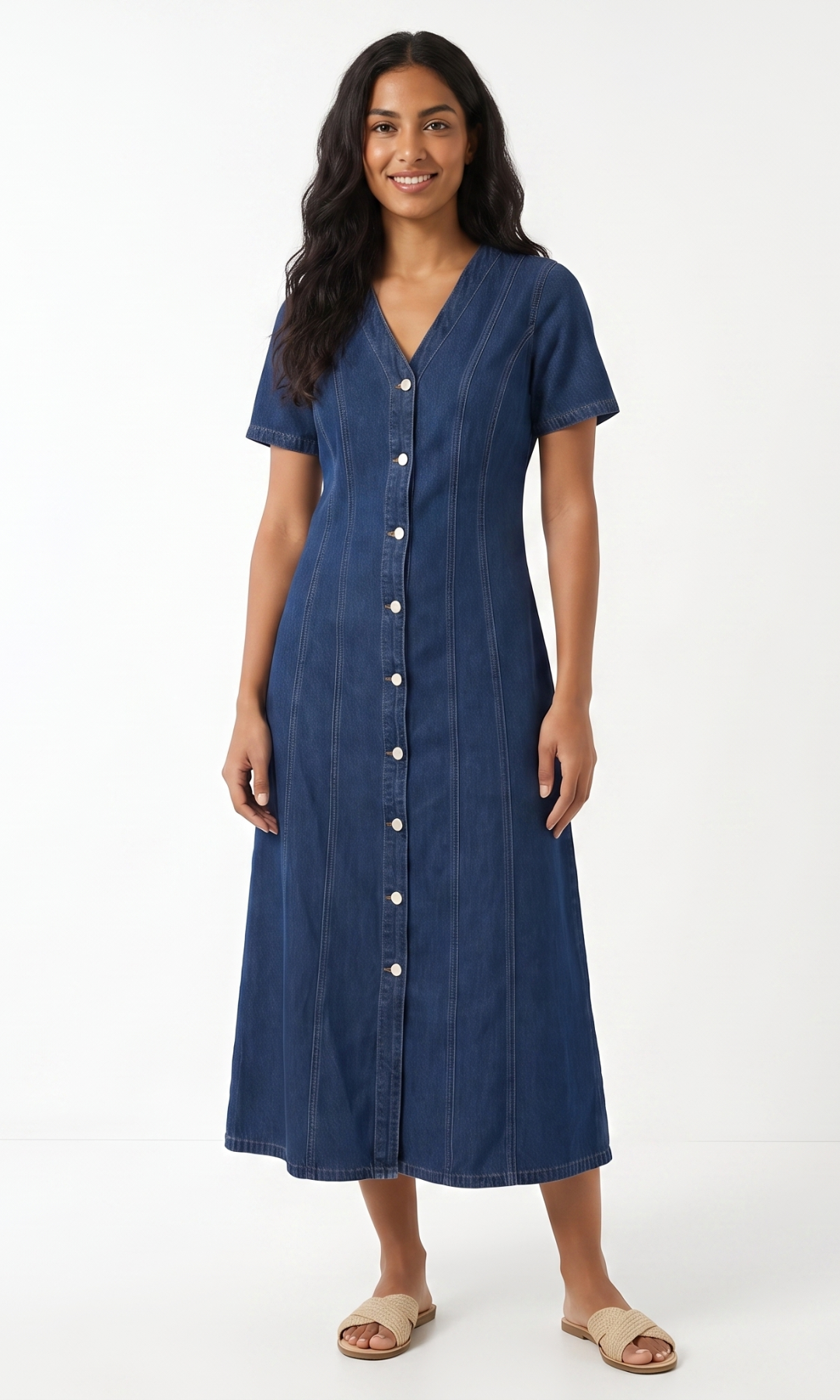 Women Front Button Denim Maxi Dress