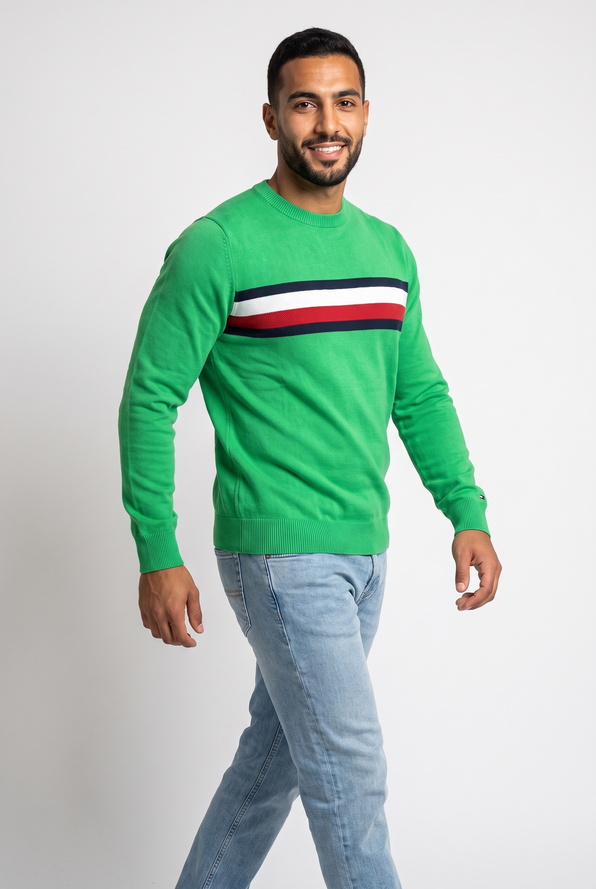 Men Sweater Stripe Crew Neck (Green)
