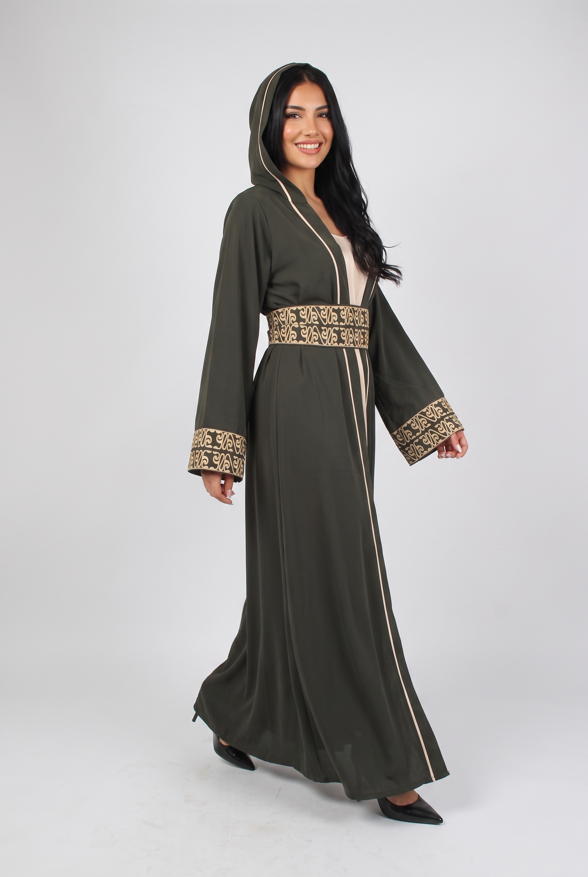 Women Dress Kaftan With Belt & Capuchon  (Oil Green)