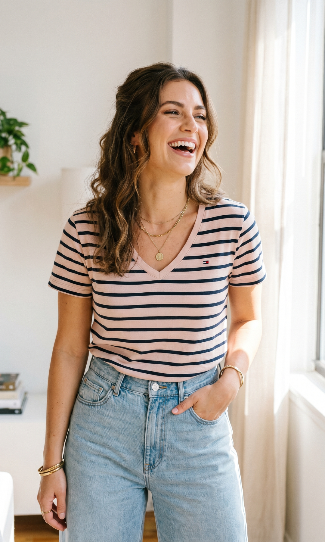 Women Striped Classic V-neck T-Shirt
