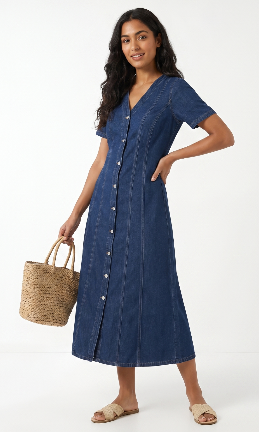 Women Front Button Denim Maxi Dress