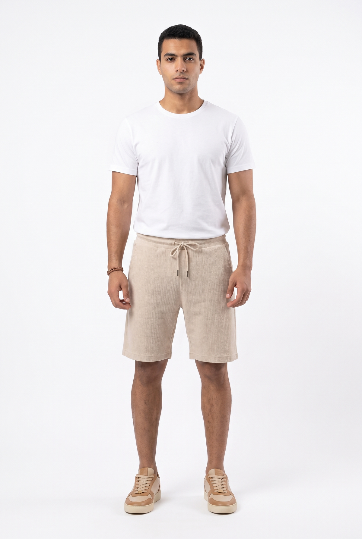 Men Waffle-Knit Shorts Elastic Waistband (Beige)
