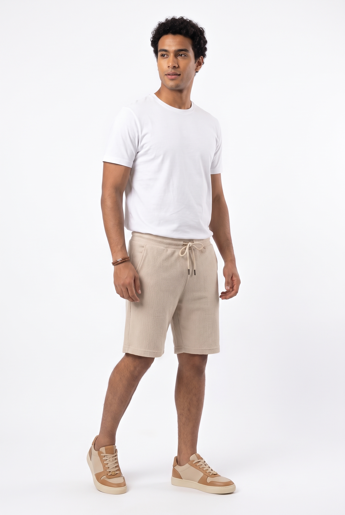 Men Waffle-Knit Shorts Elastic Waistband (Beige)