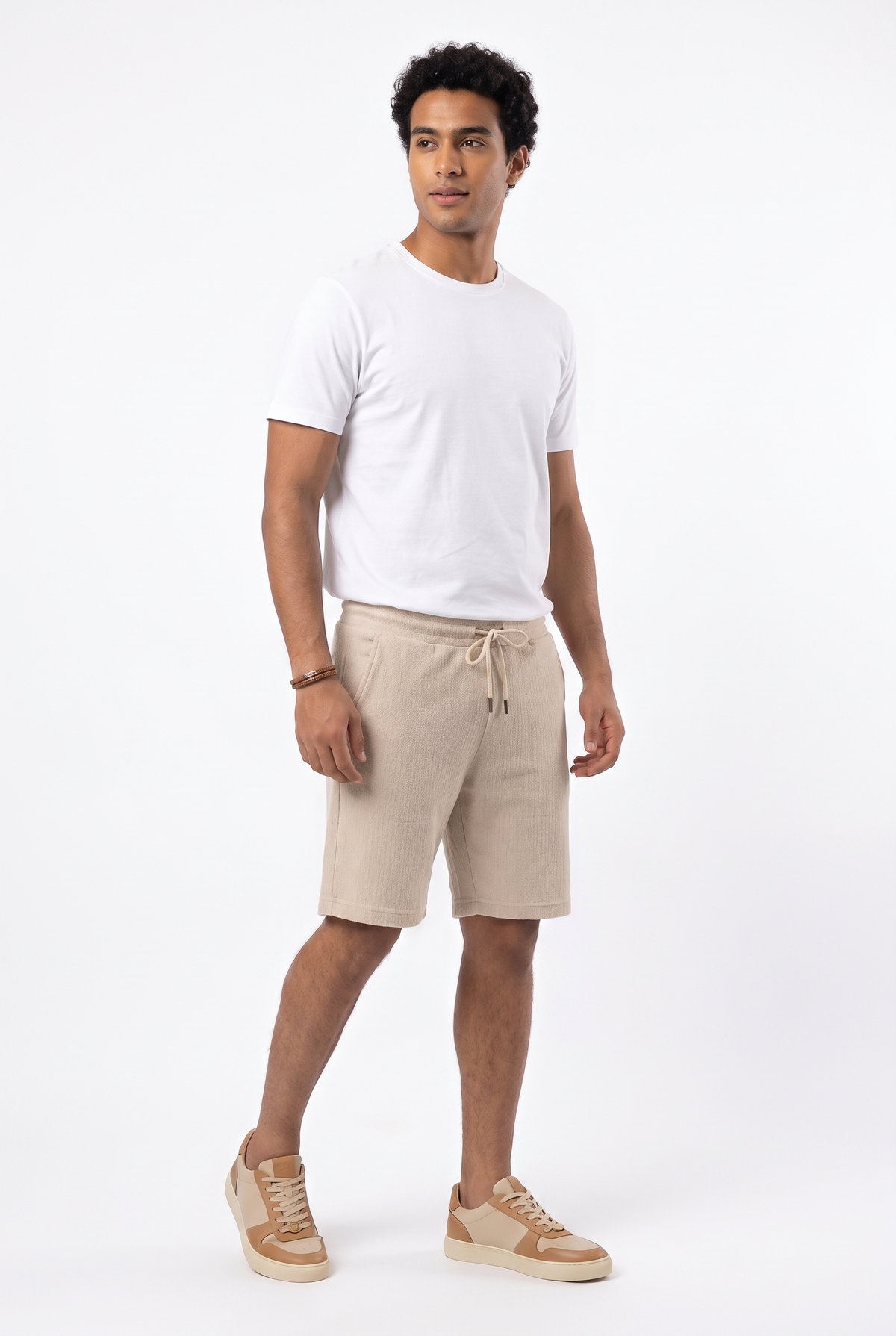 Men Waffle-Knit Shorts Elastic Waistband (Beige)