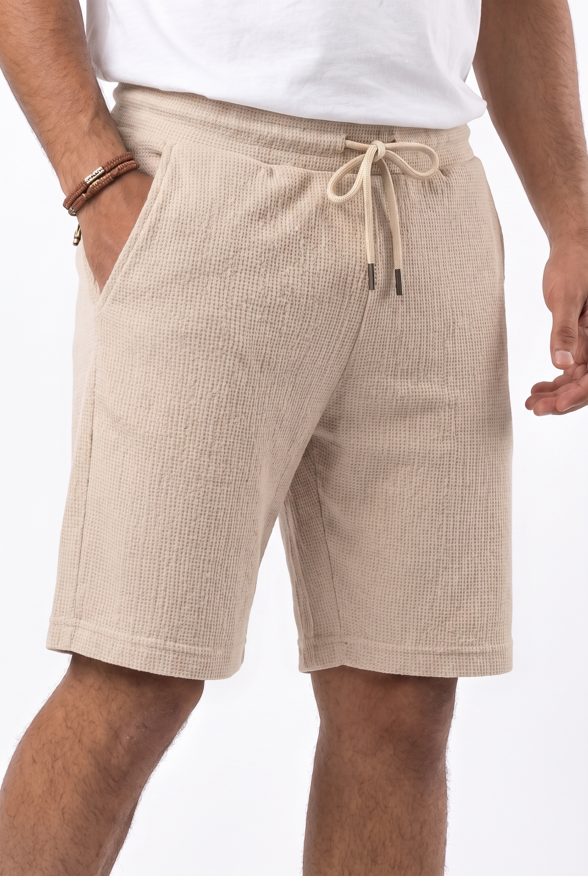 Men Waffle-Knit Shorts Elastic Waistband (Beige)