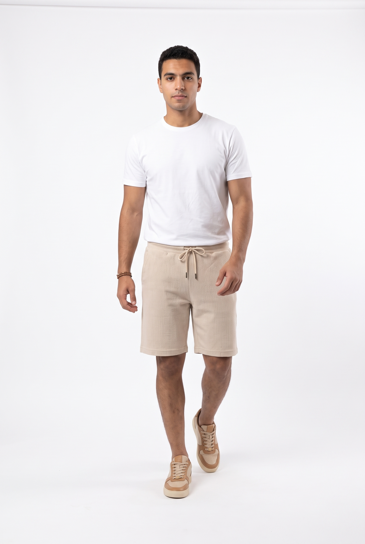 Men Waffle-Knit Shorts Elastic Waistband (Beige)