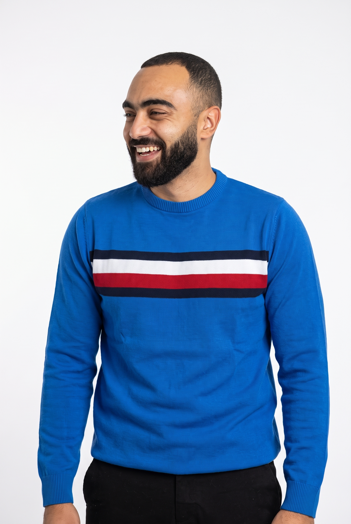 Men Sweater Stripe Crew Neck (Blue)
