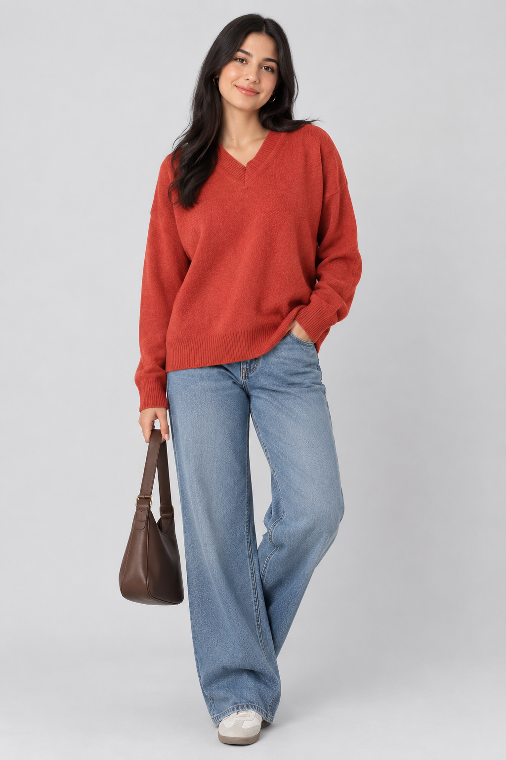 Women V-Neck Velvet Basic Sweater (Orange)