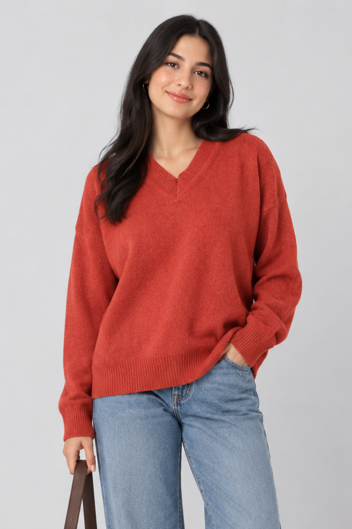 Women V-Neck Velvet Basic Sweater (Orange)