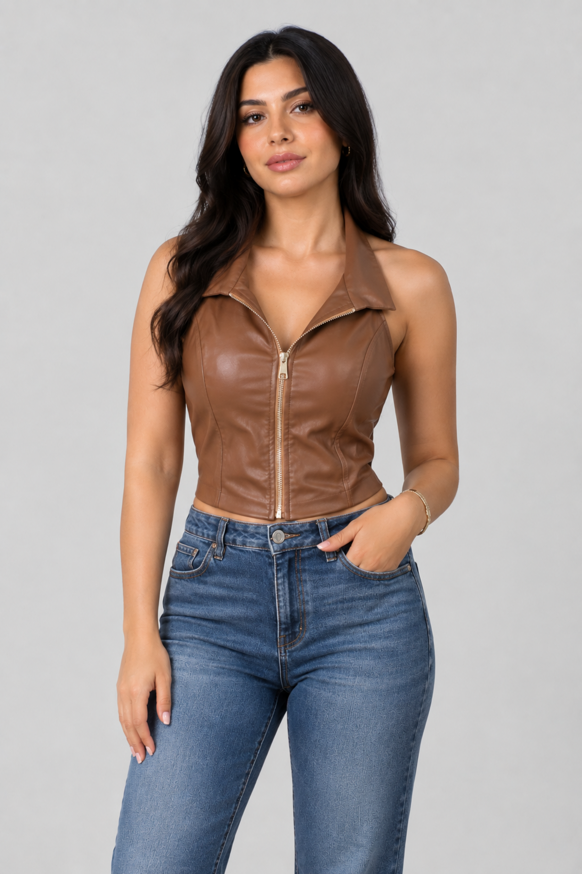 Women Halter High Neck Tank Top- Leather (Brown)