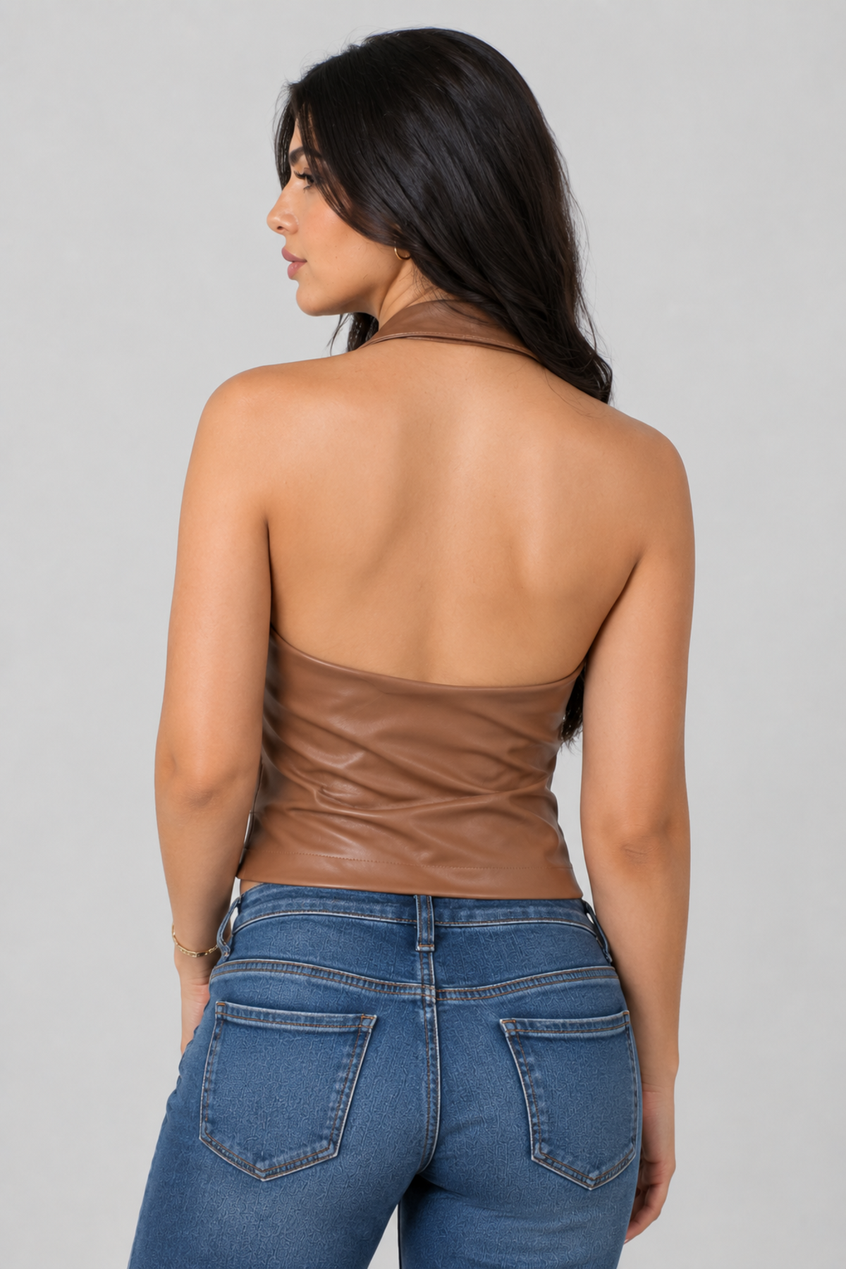 Women Halter High Neck Tank Top- Leather (Brown)