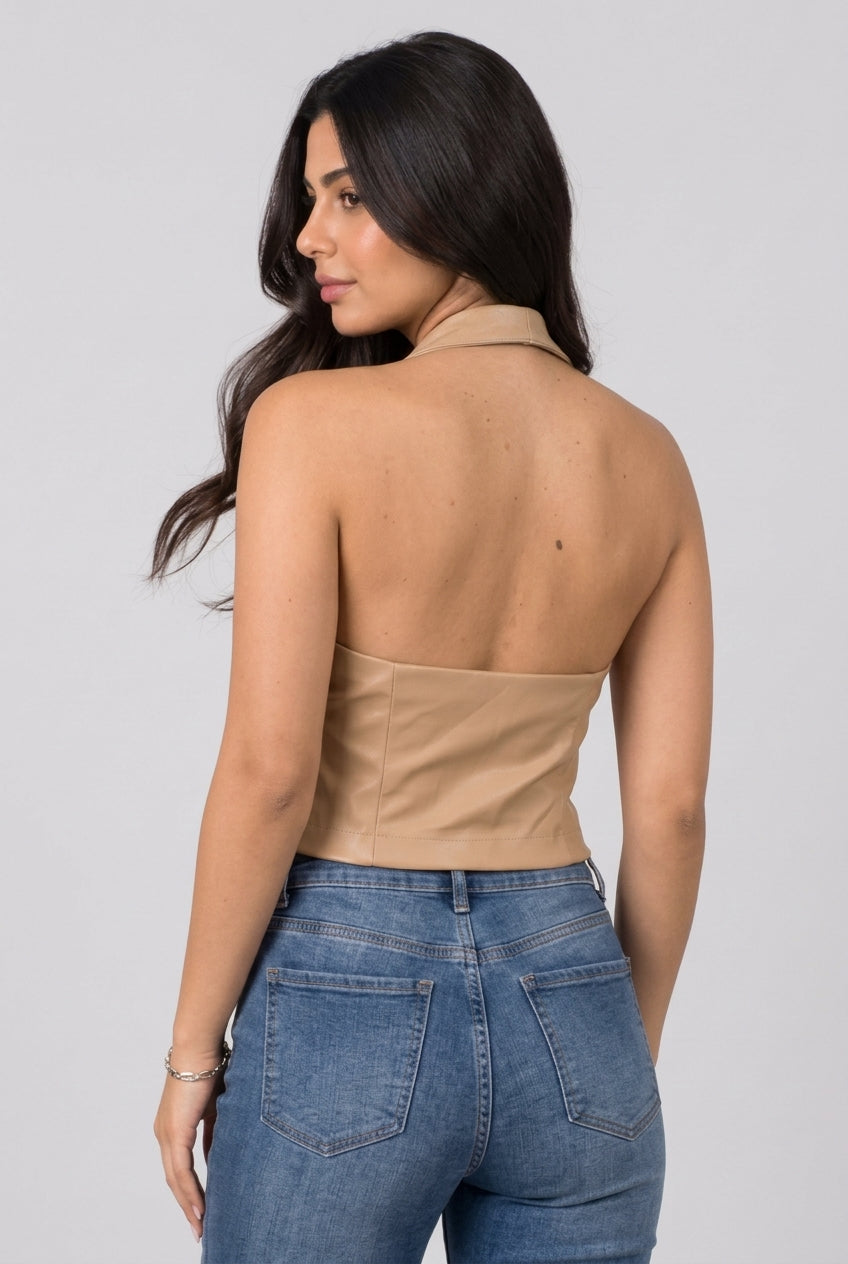 Women Halter High Neck Tank Top- Leather (Camel)