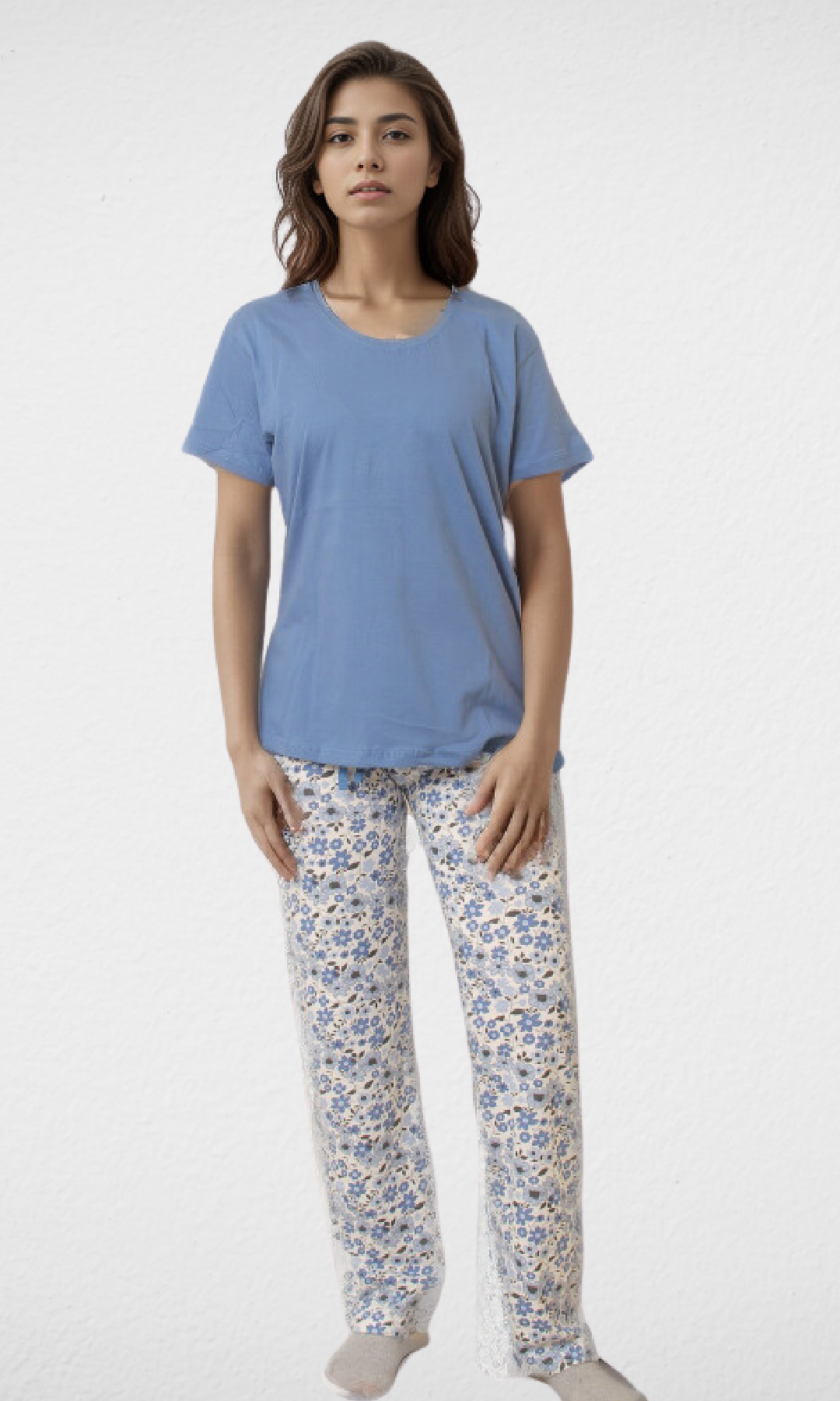 Women Pajama Blue (Plain T-Shirt & Pattern Pants)