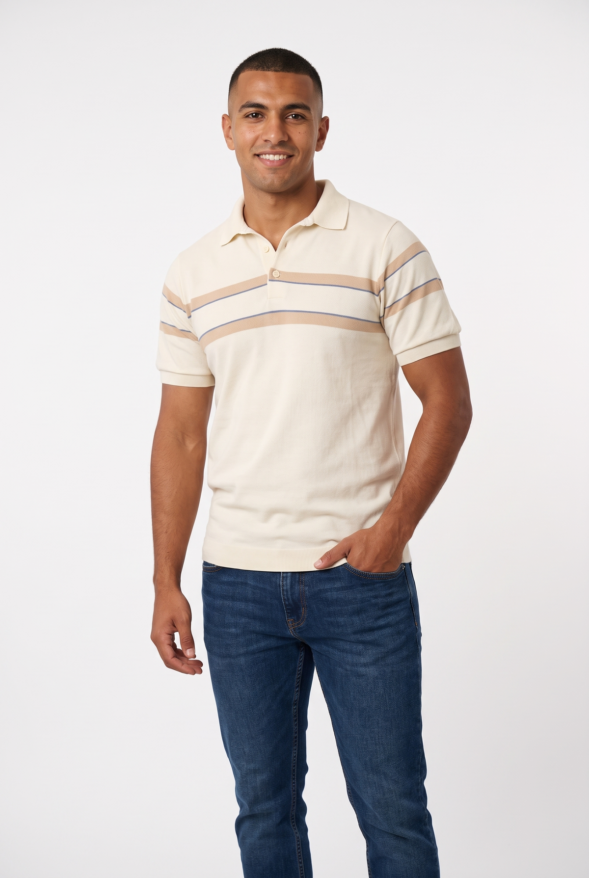 Men Knitted Striped T-Shirt (Off White)