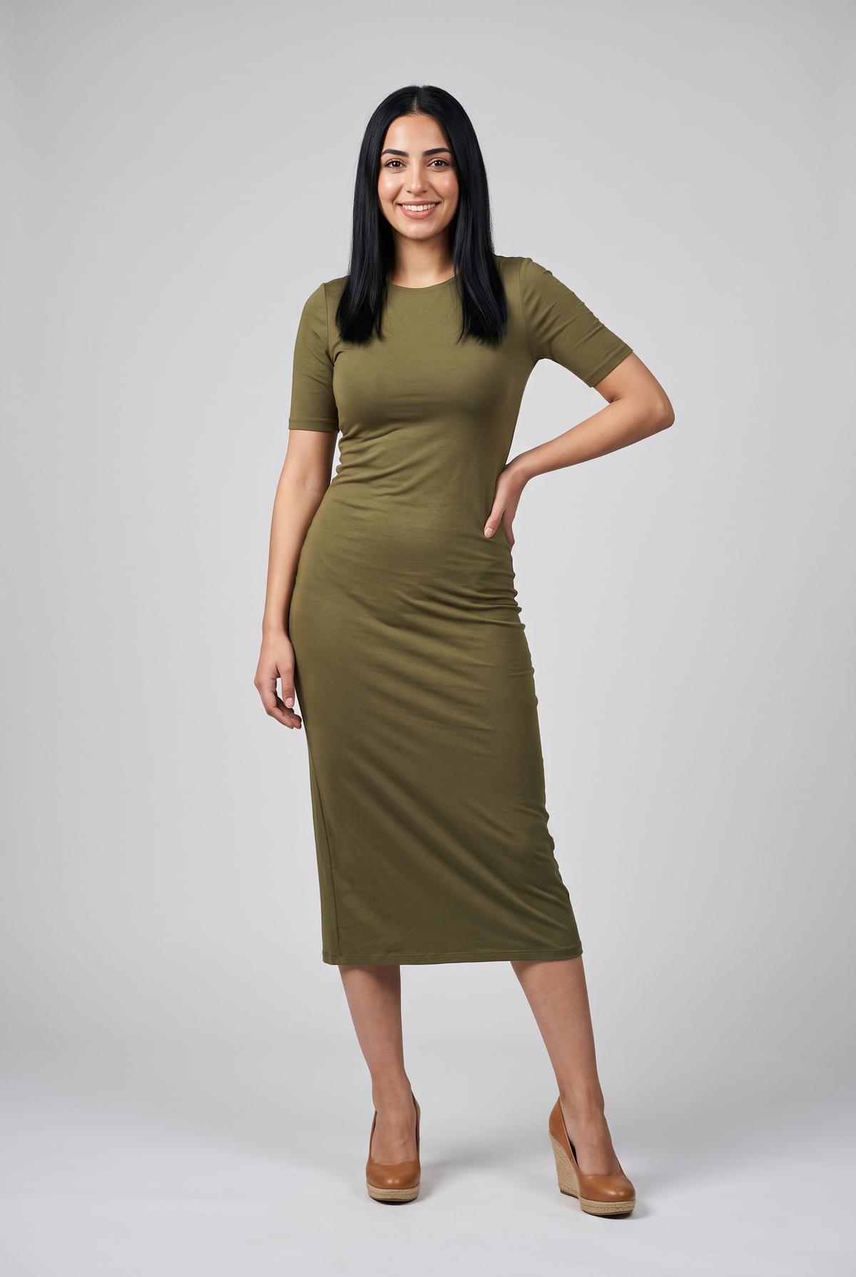Women Midi Dress With Short Sleeves (Oil Green)