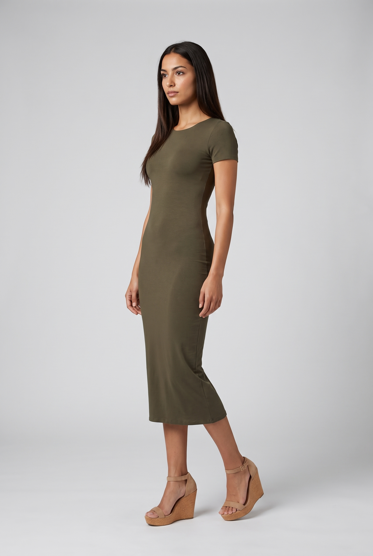 Women Midi Dress With Short Sleeves (Oil Green)