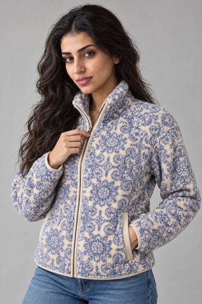 Printed Sherpa Zip Jacket – Blue & Cream