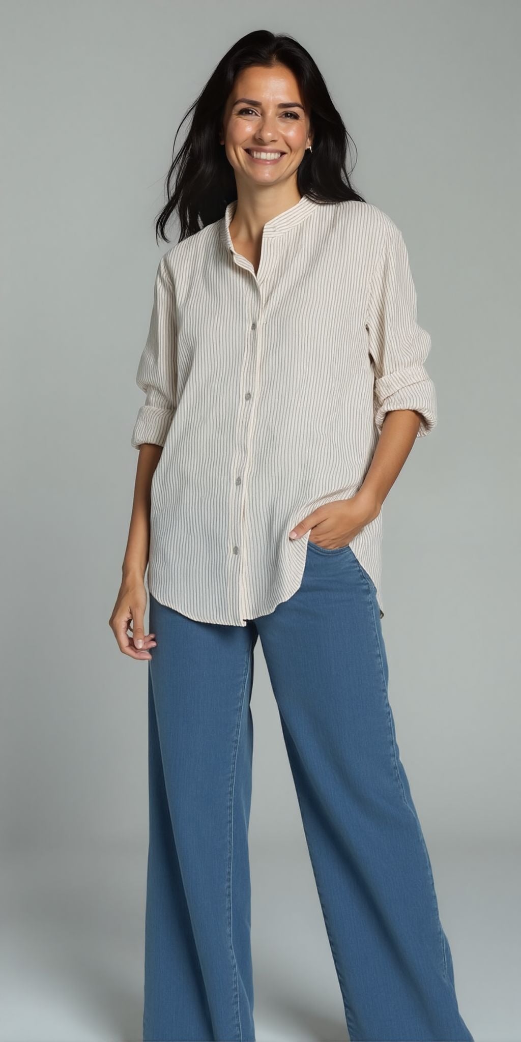 Women Fancy Long Sleeve Linen Striped (Beige*White)