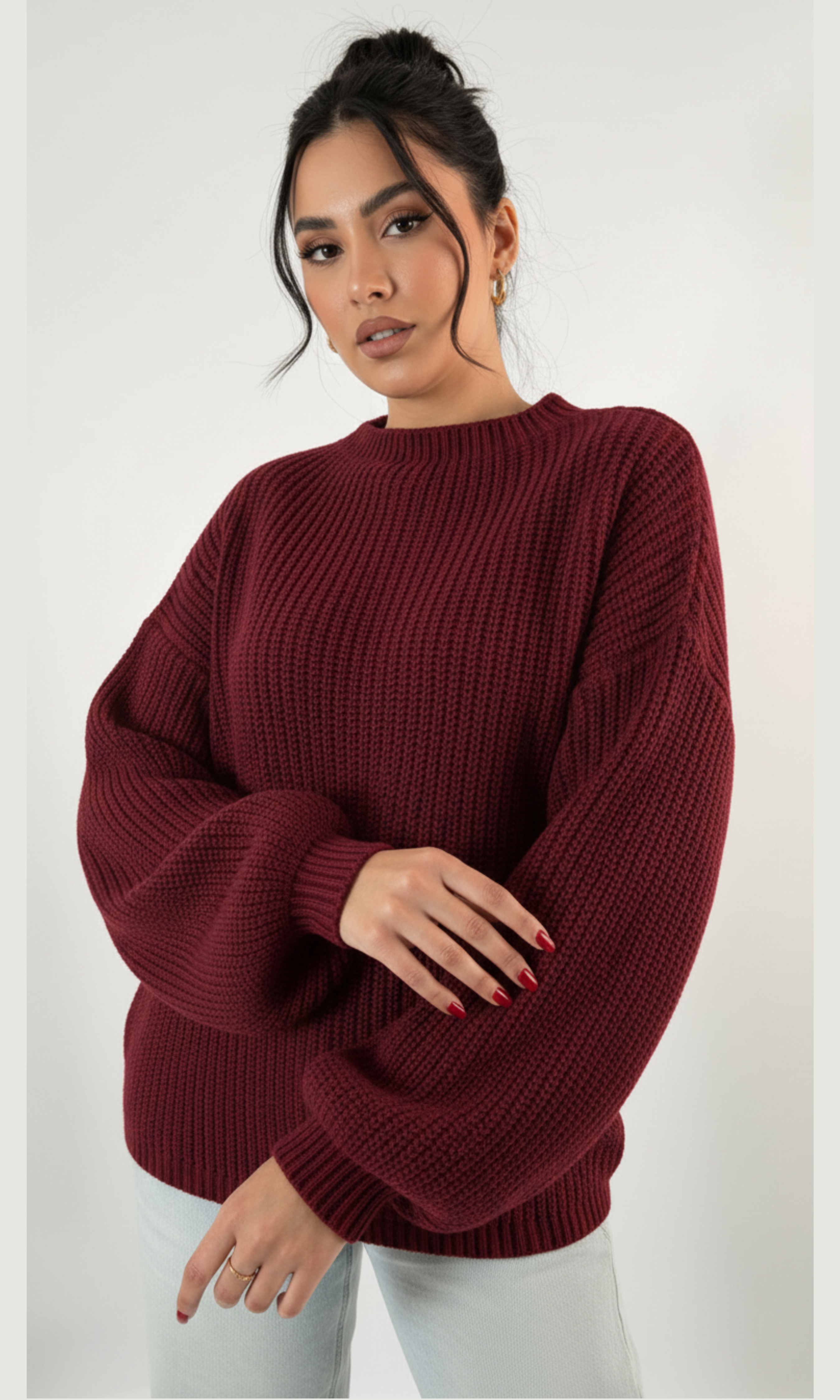 Women Voluminous Puff Sleeves Knit Sweater
