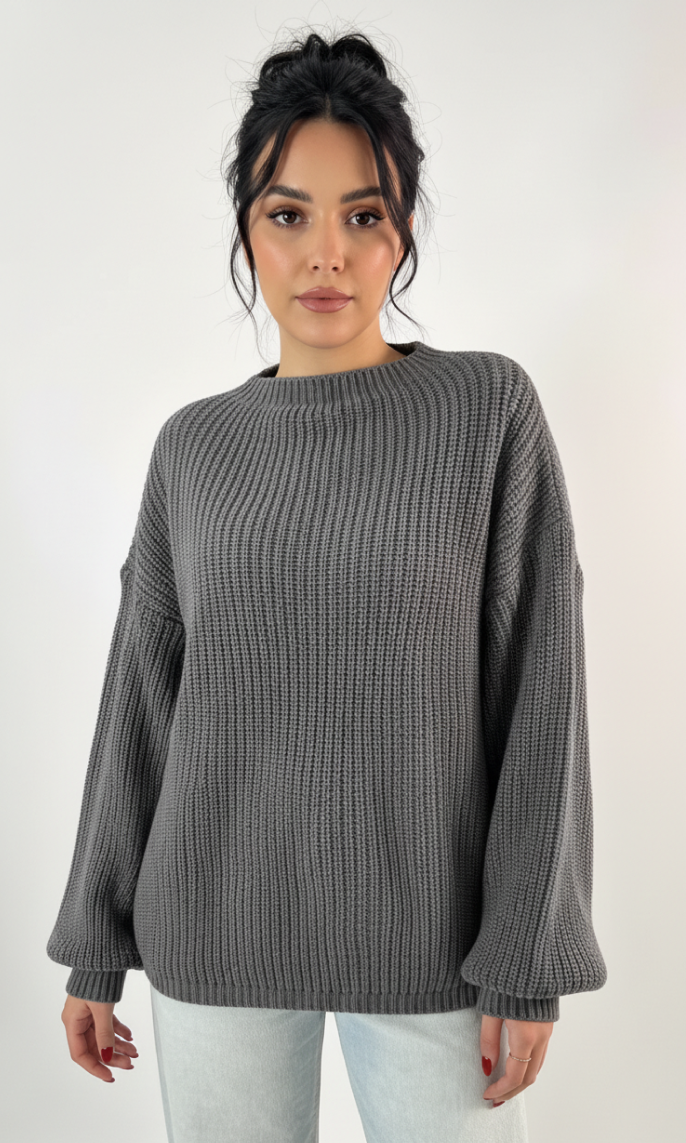 Women Voluminous Puff Sleeves Knit Sweater