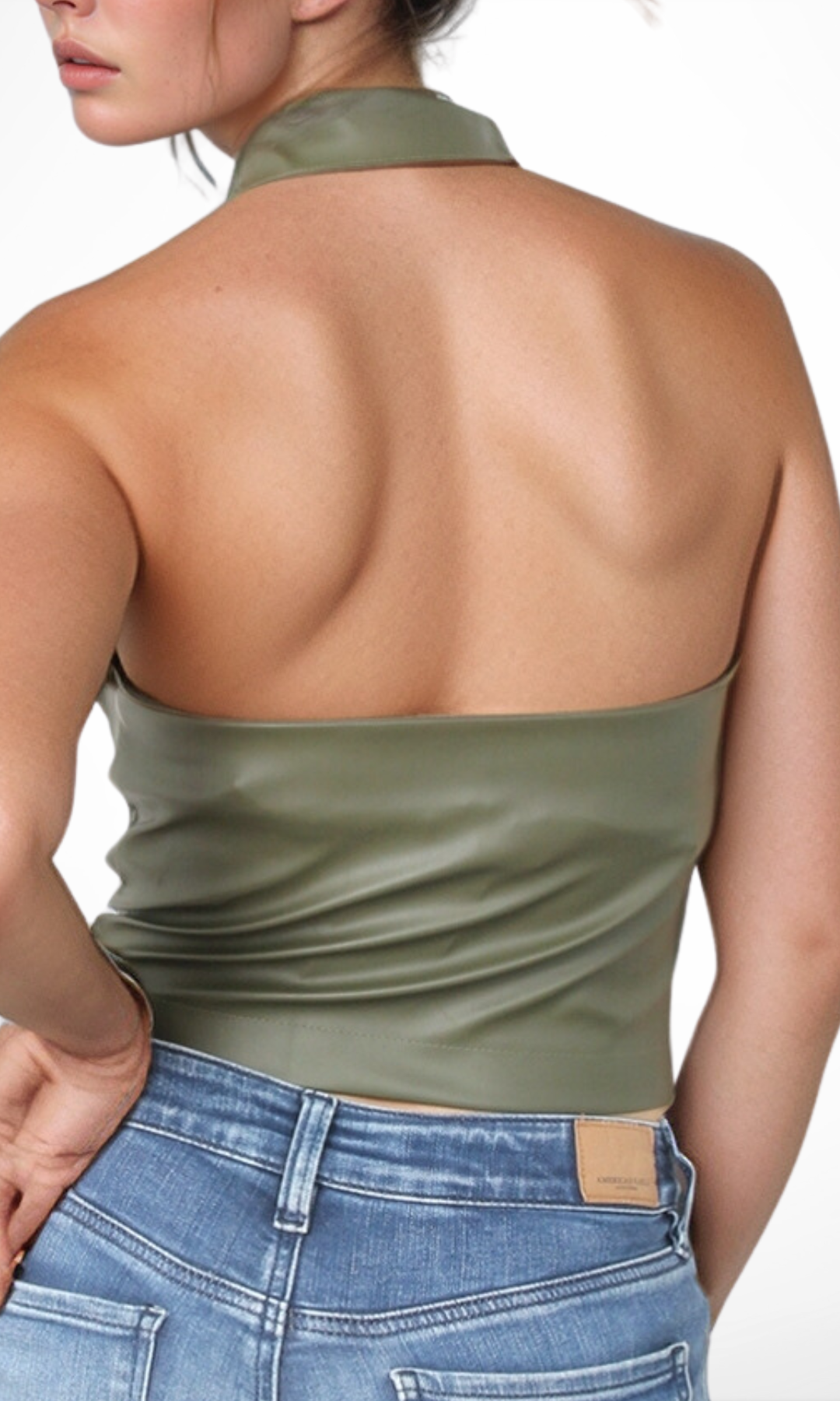 Women Halter High Neck Tank Top- Leather (Oil Green)
