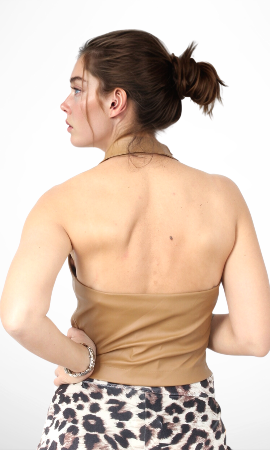Women Halter High Neck Tank Top- Leather (Camel)