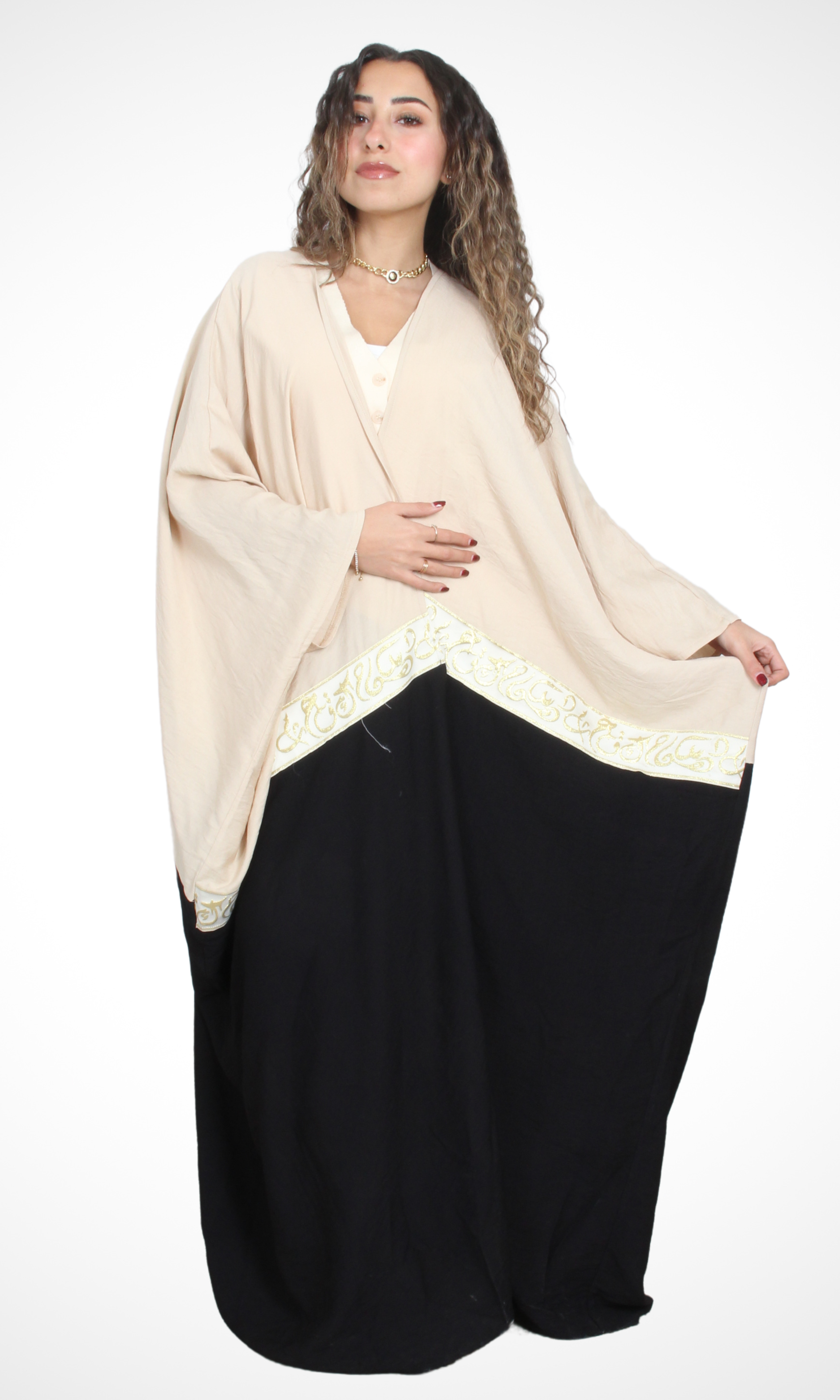Women Open Front Kaftan (White*Beige)