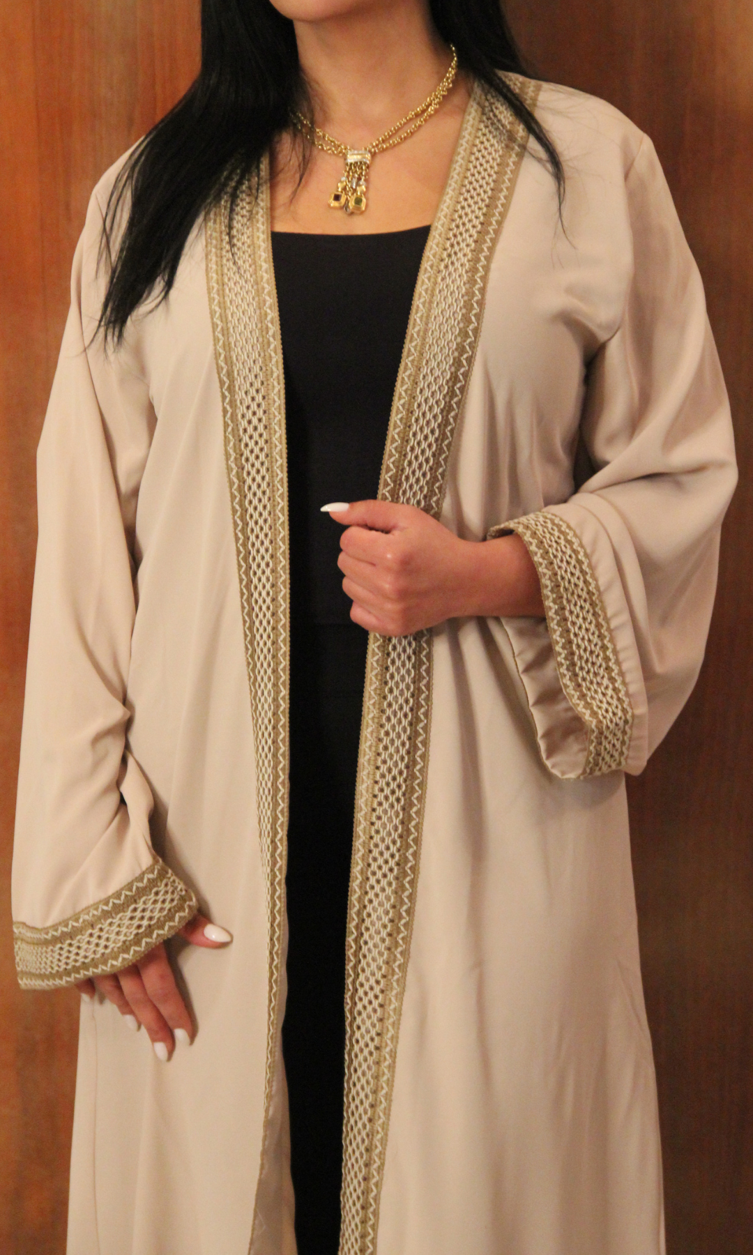 Women Long Cardigan With Tape (Beige)