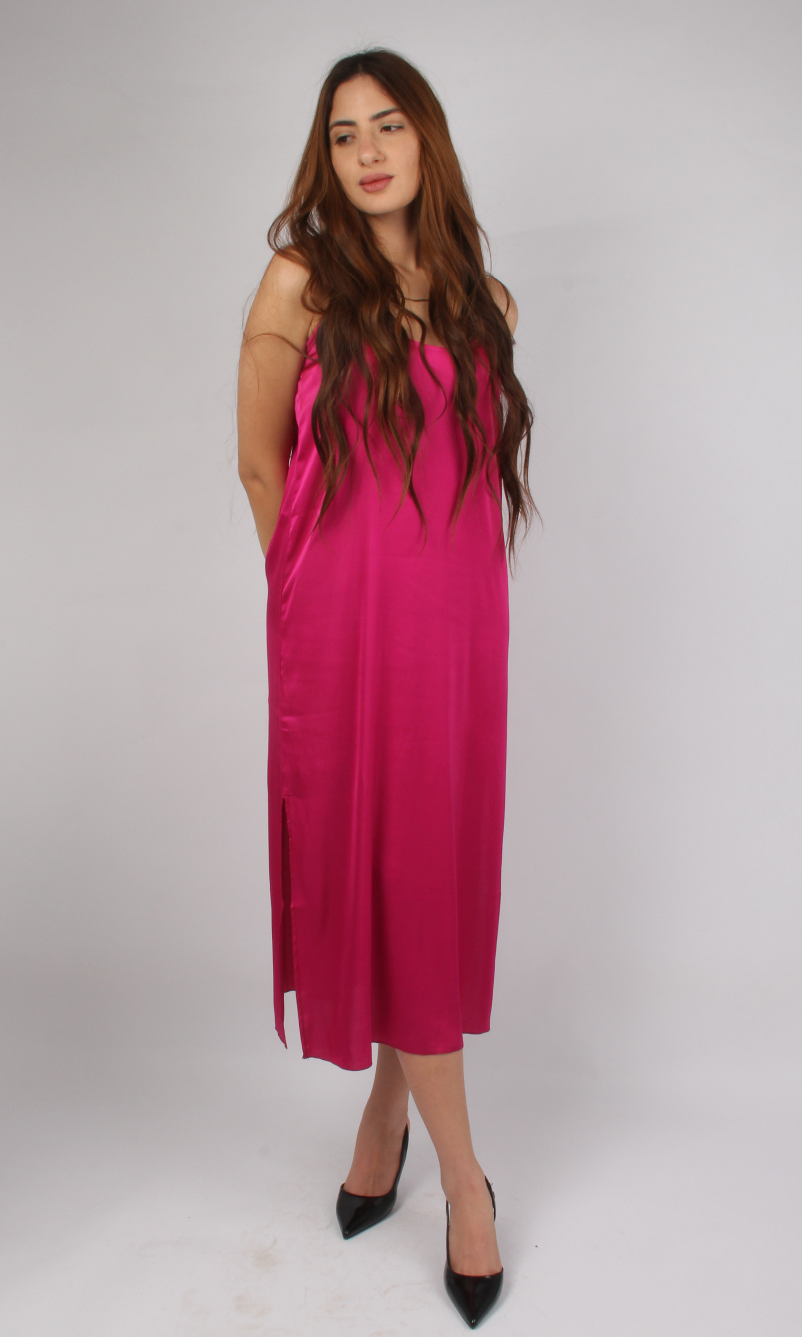 Women Satin Slip Dress (Fuchsia)